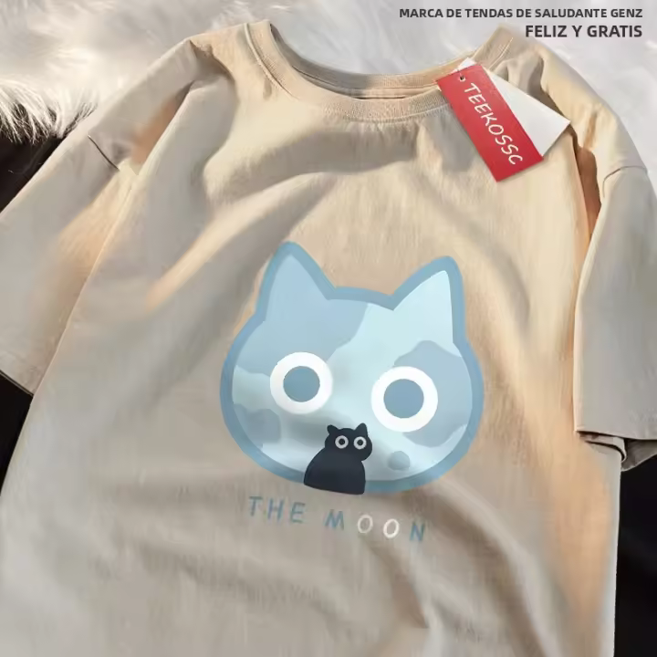 Camiseta De Algodón Oversized Para Hombre Y Mujer Estilo Japonés Con Diseño De Gato Lunar Azul Camiseta Casual Transpirable De Manga Corta Para El Verano - 1