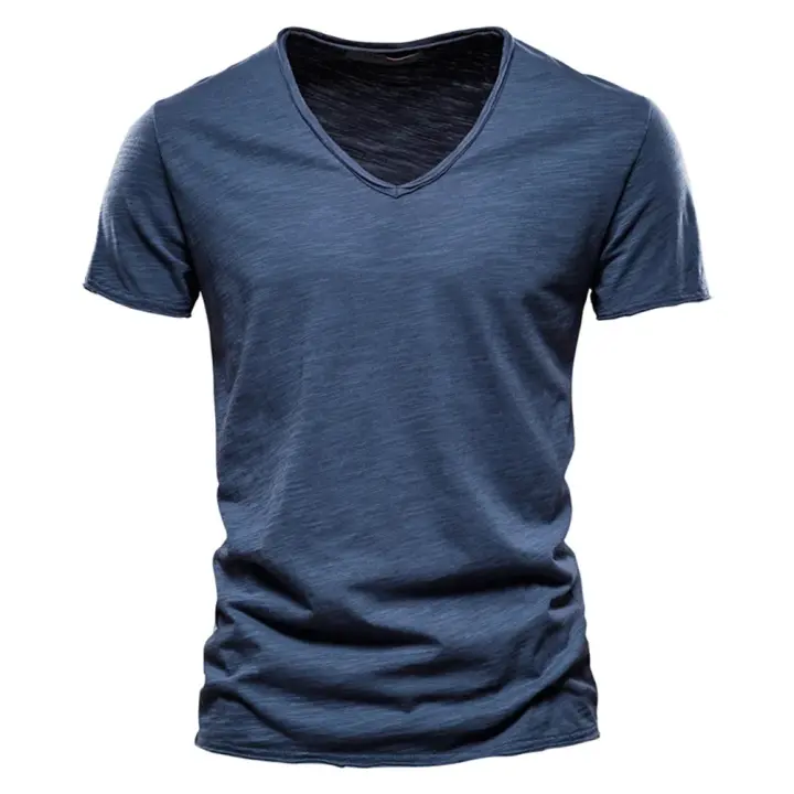 Camiseta De Algodón 100% Para Hombre Con Cuello En V Y Manga Corta Diseño Moda Ajustada Top Masculino Transpirable Ligera Y Absorbedora De Humedad - 1