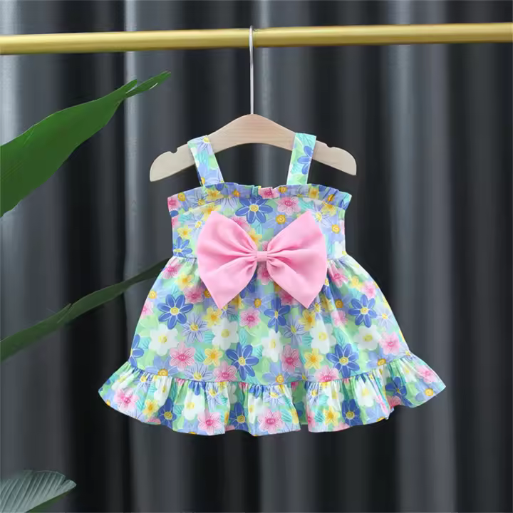 Vestido De Verano Para Bebé Niña Con Gran Lazo Y Flores De Fresa Vestido De Diario De Longitud De Rodilla Para Niñas - 1