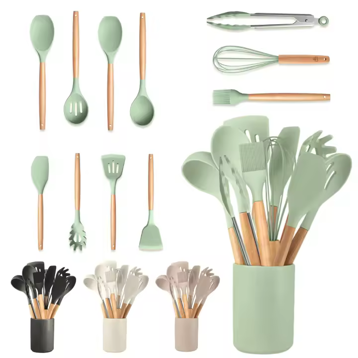 RELAXTY 12 Piezas Juego de Utensilios de Cocina de Silicona con Mangos de Madera - Accesorios de Cocina - 1