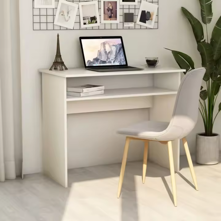 vidaXL Escritorio de madera contrachapada 90x50x74 cm en color Blanco/Blanco brillante/Gris hormigón y más | estructura resistente ideal para salón dormitorio o estudio - 1