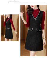 EVNISI Conjunto De Dos Piezas Chaleco Vestido Tweed Slim Para Oficina Chic Vestido De Fiesta Para Mujer Otoño Invierno - details 3