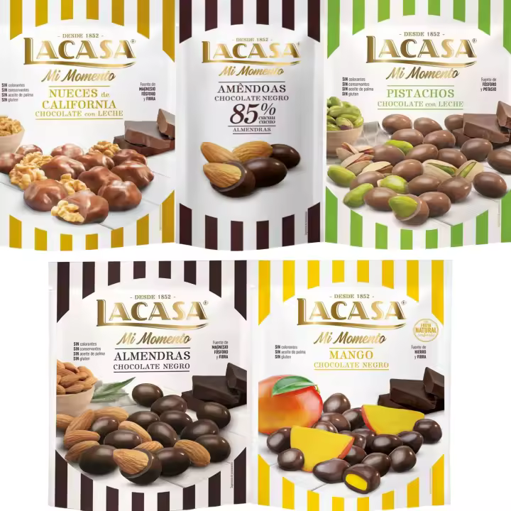 Lacasa Mi Momento pack de 5:Almendra 85% 65G,Nueces Leche 115G,Almendra choco Negro 125G,Pistacho Leche 100G,Mango choco Negro 115G - 1