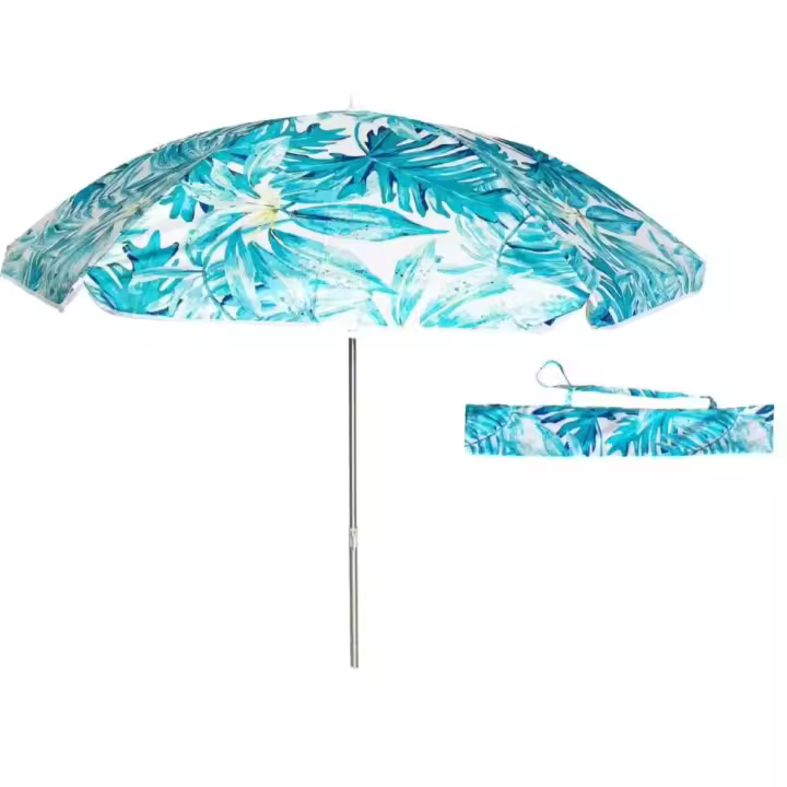 Sombrilla playa antiviento 160 o 220 cm, protección UV50 y revestimiento plateado, 8 varillas fibra de vidrio, mástil inclinable Ø28/32 mm incluye funda con asa, - 1