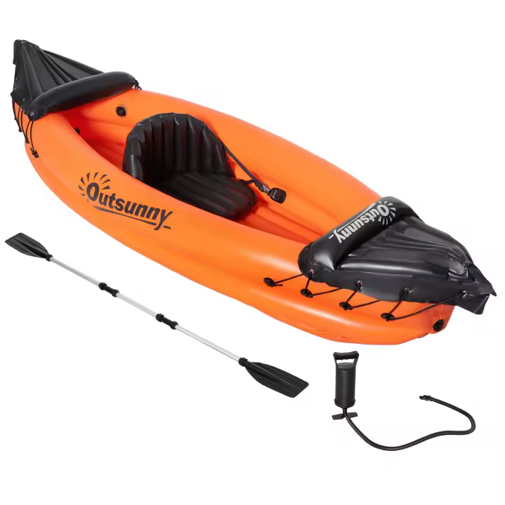 Outsunny Kayak Hinchable para 1 Persona Canoa Kayak Inflable de PVC con Remo Bomba de Mano y Kit de Reparación 270x93x50 cm Naranja - 1