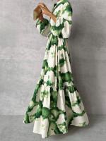Vestido Maxi Verano Elegante Para Mujer Con Estampado Verde Manga Larga Cuello V Ajuste De Cintura Largo Moda Fiesta Vestido - details 2