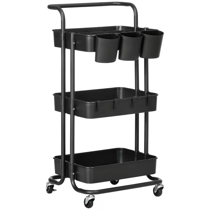 HOMCOM Carro Auxiliar con Ruedas Carrito de Almacenamiento de 3 Niveles con Asa 3 Cajas Colgantes y 4 Ganchos para Salón Comedor Cocina Baño 42x38x86,5 cm Blanco/Negro - 1