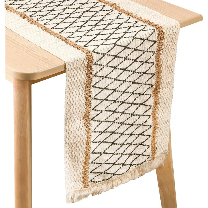Camino de mesa de macramé, camino de mesa bohemio beige crema con borlas, camino de mesa de empalme de arpillera y algodón tejido a mano, camino de mesa rústico para bohemio, A - 1