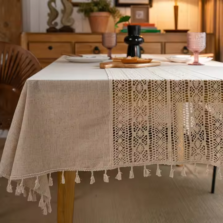 Mantel De Lino Y Poliéster Bohemio Hecho a Mano Con Borlas Color Beige Retro Hueco Para Mesa De Comedor Moderno Antipolvo - 1