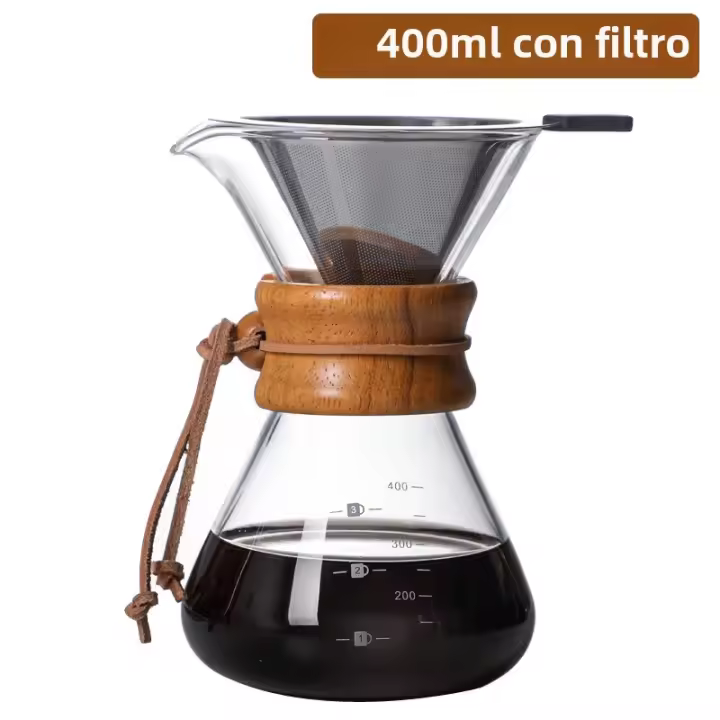 Hervidor De Café Con Filtro De Acero Inoxidable Y Vidrio De Borosilicato Alto Calidad Para Preparación Manual De Café Potencia 400ml - 1