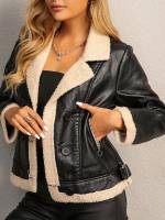 Chaqueta De Cuero PU Con Panel De Oso Moda Feminina Vintage Cuello Alto Doble Botones Corte Corto Para Mujer - details 0