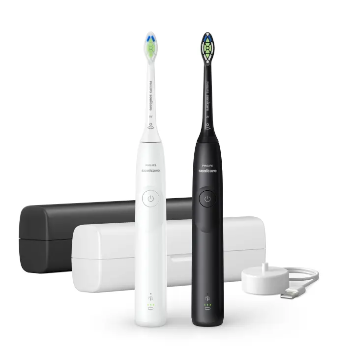 Philips Pack X2 Cepillos Eléctricos Series 5300 Blanco y Negro. Incluye 1 funda de viaje Slim negra, 1 funda de viaje Slim blanca, 1 cargador USB. Cada cepillo incluye 1 cabezal de blanqueamiento Optimal White W2. (HX7109/01) - 1