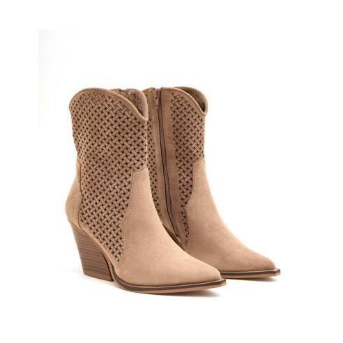 Bota Campera Mujer Troquelada Tacón Cubano - Teovel A-5604 Khaki - Tacón 8 Cm - Suela Antideslizante - Nueva Colección Primavera /Verano 26 - -