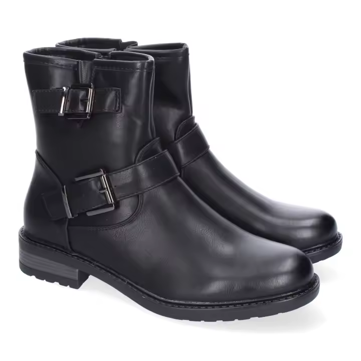 PuntoSalao Botines estilo motero hebilla tacón bajo para mujer color negro YZ24-001 - 1