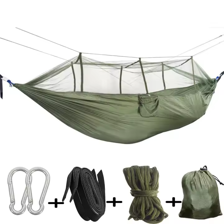 Hamaca con mosquitera para exteriores, ligera, de nailon, doble, para acampar, con mosquitera, portátil, para viajes al aire libre, adecuada para terrazas y exteriores. - 1