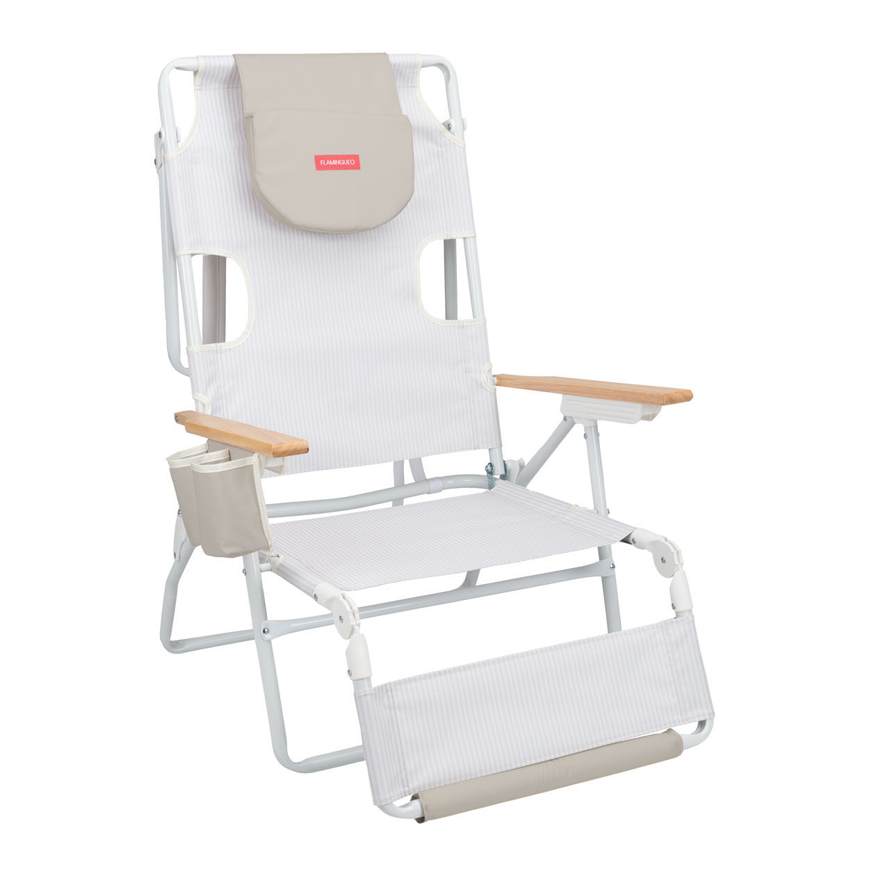 Flamingueo Silla Playa Agujero Acolchado Cabeza y Brazos Reclinable 5 Posiciones Reposapiés y Reposabrazos Confort Asas Mochila Fácil Transporte 83,2 x 66,7 x 97 cm