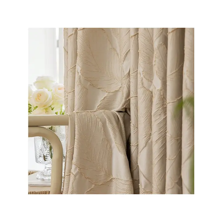Cortina De Lujo Para Sala De Estar Y Dormitorio Con Patrón De Hojas Encajadas Y Bloqueo De Luz En Beige 100% Poliéster Para Villa - 1