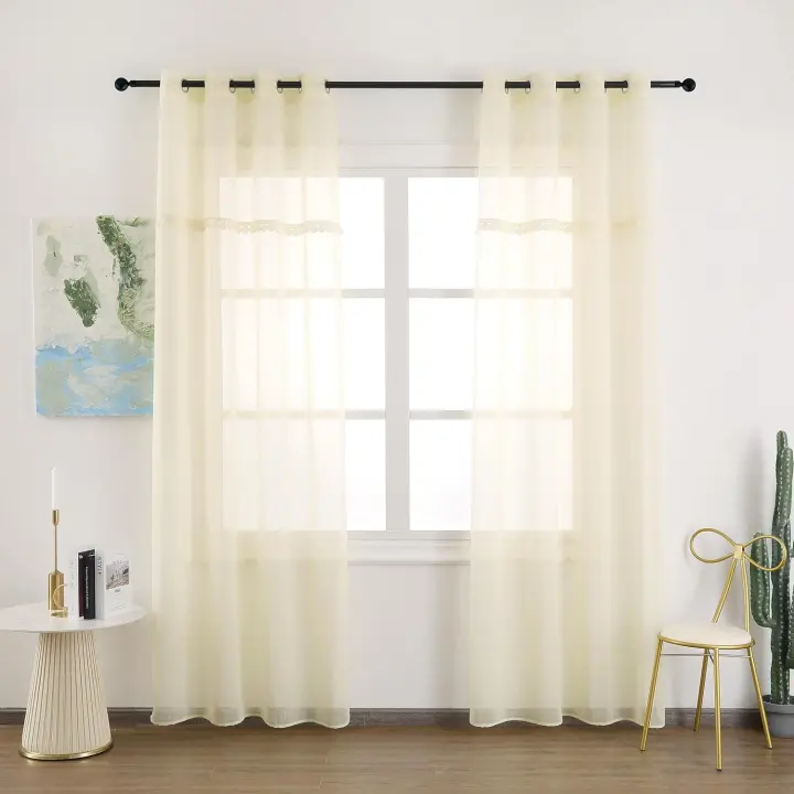 Shoppe house - Cortina Salón Dormitorio Translúcido Liso con una Linea de Encaje - Visillos Transparente 140x260cm para Salón Dormitorio Sala de Estar Amarillo - 1