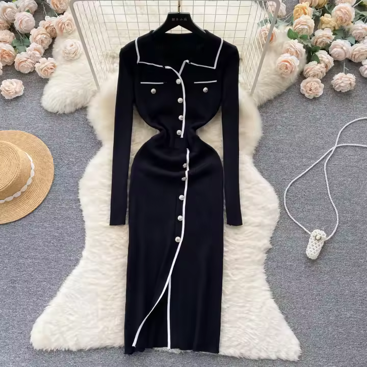 Vestido De Lana Elegante De Otoño Invierno Para Mujer Cintura Alta Botones Cuello Bajado Largo De Contraste Nuevo 2024 - 1