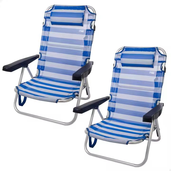 Aktive – Pack de 2 sillas de playa plegables, con respaldo reclinable, 5 posiciones, convertibles en tumbona, tamaño 48x46x84 cm, de aluminio y textileno, con cojín acolchado y asas de mano, estructura plegable, máx. 110 kg, multiposición - 1