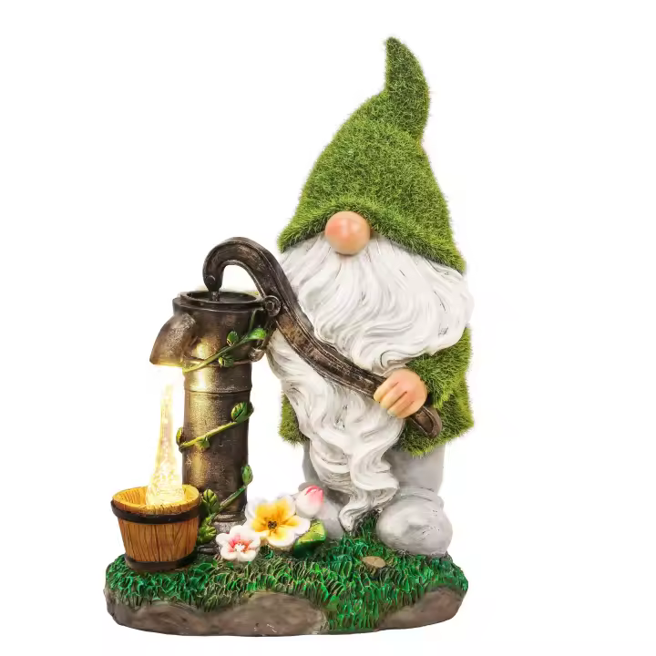 Adornos de Jardín de Hada con Luz Solar, 22cm Figurilla de Resina Solar de Gnomo y Bomba, Estatuas de Jardín Figura para Jardin Exterior - 1