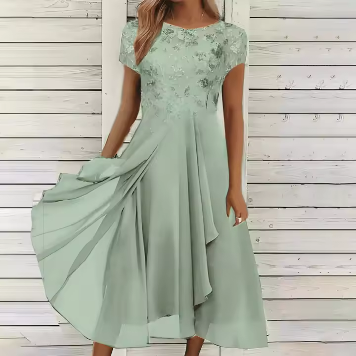 Vestido Elegante De Talla Fina Para Mujer En Chiffon Sólido Con Encaje Y Corte En O-Neck Vestido Largo Corto Con Mangas Vestido De Noche Para Damas Vestido De Novia - 1