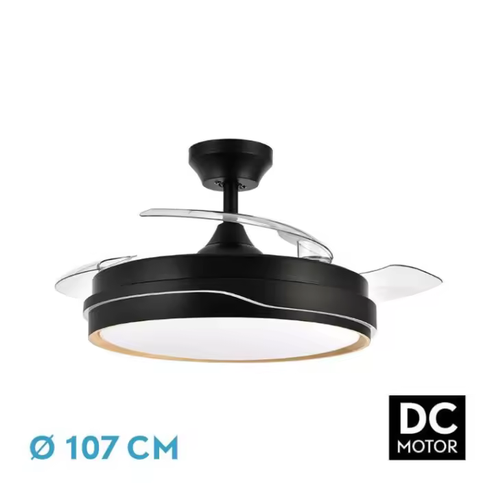 FABRILAMP Ventilador Dc Tempano Negro/madera 72w 3aspas 107d 7200lm 6vel 3000k,4500k,6000k Remoto+temporizador+memoria Incluye mando a distancia y dos tijas de 10 y 25 centímetro Productos originales calidad de confianza - 1