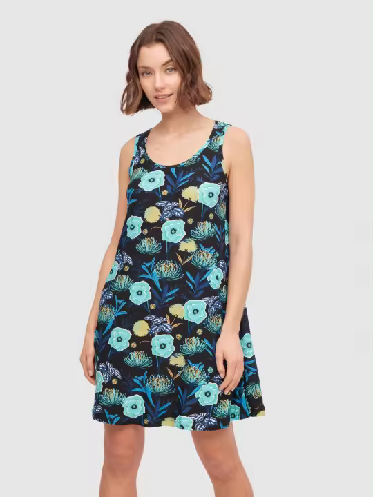 Vestido ancho evasé con estampado floral, fresco gracias a su tejido de punto, su cuello redondo, tirantes y abertura trasera INSIDE - 1
