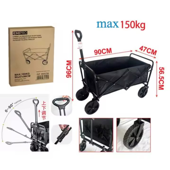 Carrito de Transporte de Mano Plegable ,Carro con 4 Ruedas Grandes con Freno Resistentes para Camping, Playa,Jardín,Piscina, Casa o Almacén.Carreta plegable para jardín y aire libre con bolsa.Carretilla con Mango Ajustable CARRO. - 1