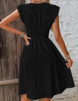 Vestido De Mujer Con Manga De Hoja De Loto Verano Cuello En V Bordado Rompepiés Midi A-Line Para Ocasiones Casuales - details 4