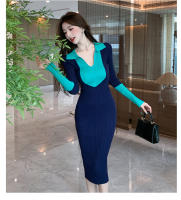 Vestido Elegante De Lana Con Bloque De Colores Y Encaje H Han Queen Para Oficina Y Fiesta Vestido Largo De Manga Larga Para Mujer Moda Otoño - details 16
