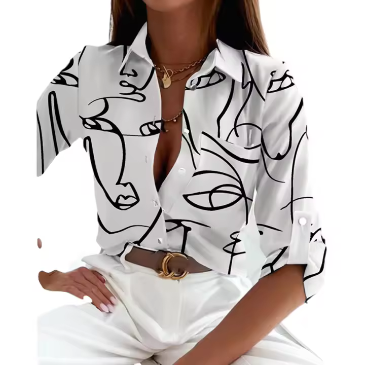 Blusa Elegante Para Mujer Primavera Otoño Con Cuello Bajado Estampado Slim Camisa De Manga Larga Moda Oficina Casual Polyester Cotton - 1