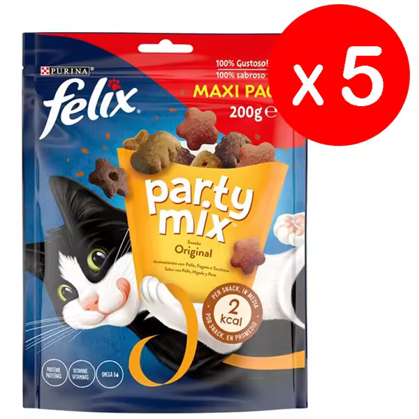 Purina Felix Party Mix Original, Snack, premio para Gato con Pollo, Hígado y Pavo, Maxi Pack 5 bolsas de 200g - 1