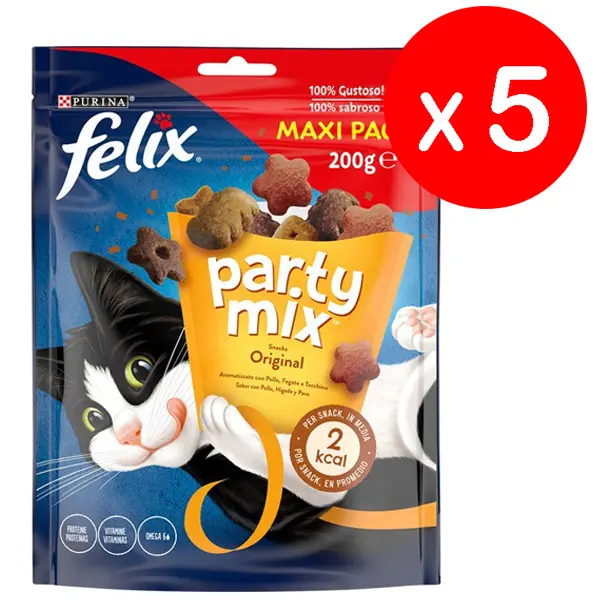 Purina Felix Party Mix Original, Snack, premio para Gato con Pollo, Hígado y Pavo, Maxi Pack 5 bolsas de 200g - 1