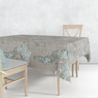 Lafabricadelastelas-Mantel loneta algodón estampado mapa mundi turquesa y beige. Para furgonetas camper, coches, viajes,lavable,decoración hogar cocina, salon,comedor. - details 2