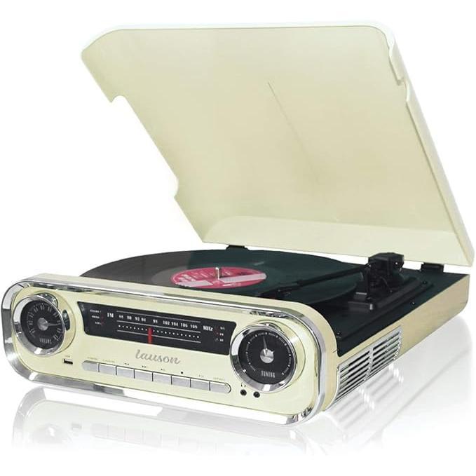 Tocadiscos Diseño Vintage  (Varios colores) LAUSON - Coche de Colección con 2 Altavoces Estéreo Integrado de 3 W | Tocadiscos Vinilo con Radio FM, Función Bluetooth, USB, AUX | 3 Velocidades (33, 45, 78)  Crema, Negro, Azul, Rojo
