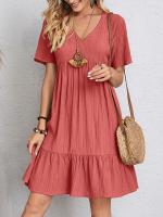 Vestido Casual De Verano Para Mujer Con Cuello En V Y Falda De Encaje Corto Manga Corta Color Sólido A-Line Longitud De Rodilla - details 3