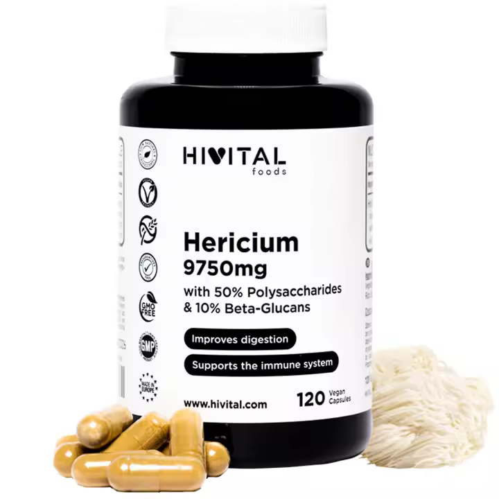 Melena de León 9750 mg. 120 cápsulas veganas para 4 meses. Extracto Natural de Hericium Erinaceus con 50% Polisacáridos y 10% Beta Glucanos. Lions Mane para el sistema digestivo e inmune Hivital - 1