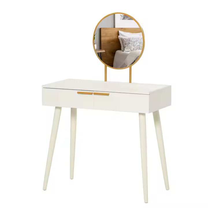 HOMCOM Tocador con Espejo Redondo Mesa de Maquillaje con 2 Cajones Estilo Moderno para Dormitorio Vestuario 80x40x123 cm Blanco - 1