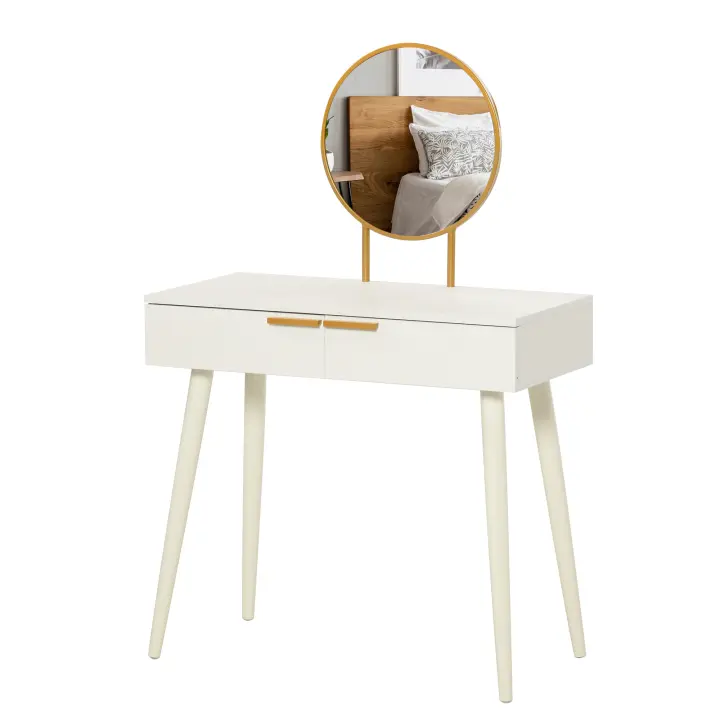 HOMCOM Tocador con Espejo Redondo Mesa de Maquillaje con 2 Cajones Estilo Moderno para Dormitorio Vestuario 80x40x123 cm Blanco - 1