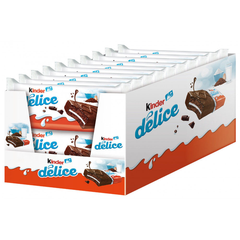 Caja KINDER DELICE de Cacao - Delicioso y tierno bizcocho elaborado a base de leche, harina y huevos y recubierto de una fina capa de chocolate con leche. Envasados individualmente. Estuche de 20 unidades de 39 g