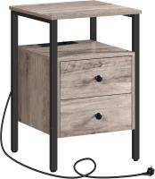 Bedside Table, Coffee Tables with Plug and USB Port, Side Table with Drawers and Storage Shelves, Suitable for Living Room, Bedroom, Greige - details 8