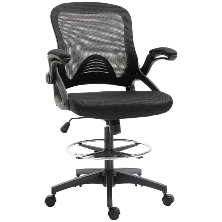 Vinsetto Silla de Dibujo de Malla, Silla de Oficina Ergonómica con Ruedas, Silla Giratoria Ajustable en Altura de 106-126 cm con Anillo de Pie Ajustable, Silla de Trabajo en Casa, Negro - 1