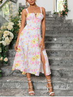 Vestido Midi De Verano Con Estampado Floral NewAsia Para Mujer Cintura Ajustable Con Tirantes Deslizables Y Abertura En El Lado Casual Para Fiestas Y Playa - details 25