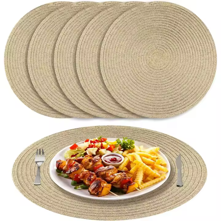 Manteles individuales redondos trenzados de color beige, juego de 6 manteles individuales resistentes al calor, lavables para la cocina, cenas, 38 cm, dorado - 1