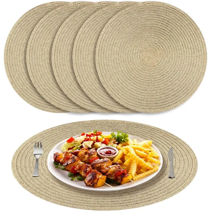 Manteles individuales redondos trenzados de color beige, juego de 6 manteles individuales resistentes al calor, lavables para la cocina, cenas, 38 cm, dorado - 1