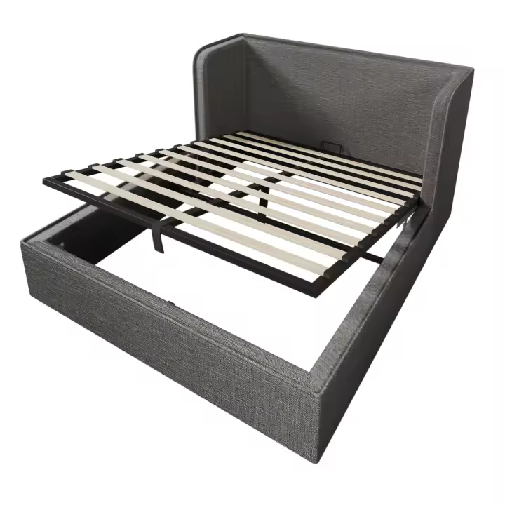 Cama tapizada 160x200, Cama Doble Cama de almacenamiento hidráulico con soporte lateral amplios y tapa de somier extraible, somier con somier de lámparas y Espacio de almacenamiento, Lino, Gris, sin colchón - 1