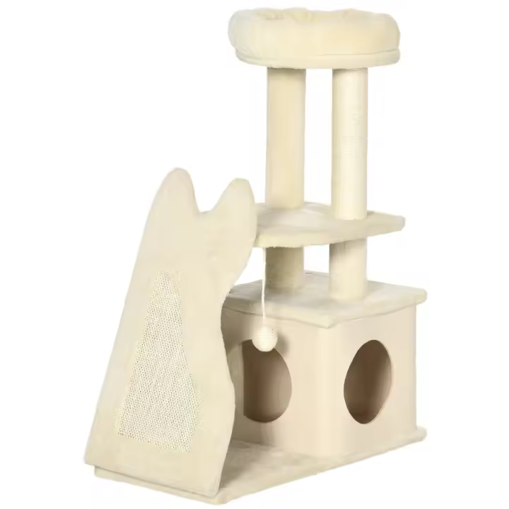 PawHut Árbol Rascador para Gatos Pequeños Altura 83 cm Torre para Gatos con Cama Cueva Plataforma Bola Colgante Postes y Rampa de Sisal 60x30x83 cm Beige - 1