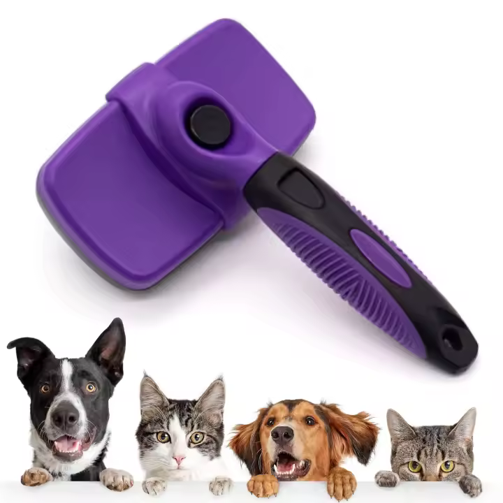 Cepillo de pelo para uso personal con función de masaje, punta redonda, ideal para el cuidado de perros, gatos y conejos, control de caída del pelo, incluye peine depilatorio (morado) - 1
