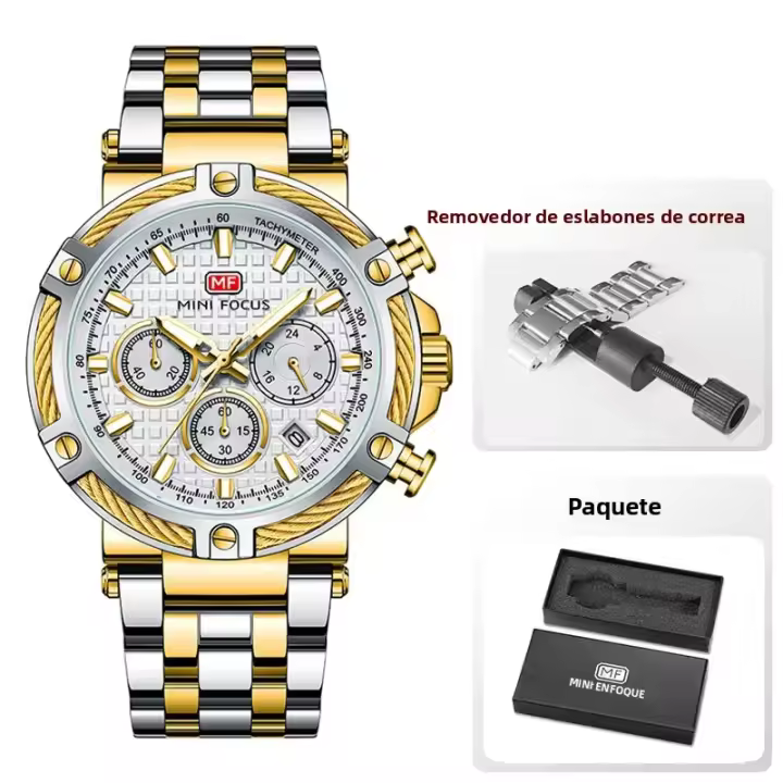 Reloj De Pulsera De Cuarzo MINI FOCUS Para Hombre Con Cronógrafo Y Manos Luminosas Acero Inoxidable Bisel Redondo Resistente Al Agua - 1